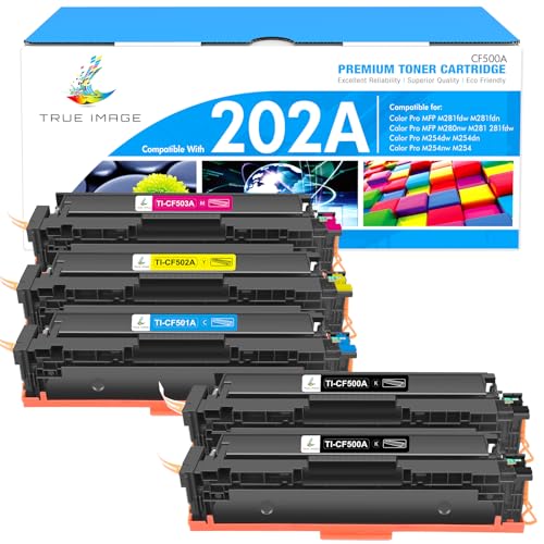 TRUE IMAGE Compatible Toner Cartridge Replacement for HP 202A CF500A 202X Color Laserjet Pro MFP M281fdw M281cdw M254dw M281fdn M254dn M254nw M281 M254 Toner Printer Ink (BK/C/Y/M, 5-Pack)