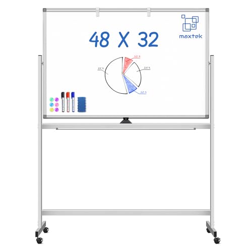 Maxtek Rolling White Board on Wheels 48x32 inch Double Side Magnetic Dry Erase Board with Stand, Aluminum Frame Easel Mobile Standing Whiteboard for Office, Classroom & Home