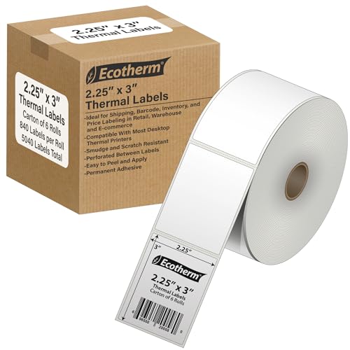 2.25" x 3" Thermal Labels | 6 Rolls | 5040 Labels | fits Zebra, Munbyn, Rollo, Godex, Arkscan, iDPRT, Offnova Thermal Label Printers and More | Blank White Adhesive Stickers by Ecotherm