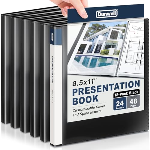 Dunwell Presentation Binder 24-Pocket, Displays 48 Pages, 8.5x11 Portfolio Binder with Plastic Sleeves, Storage and Organizer for Documents, Certificates, Projects, Photos (12 Pack, Black)