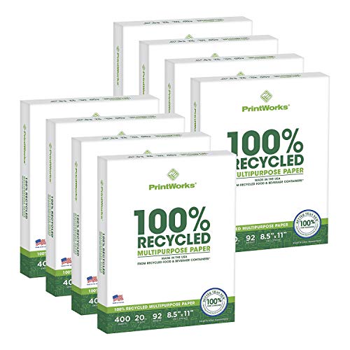 PrintWorks 100% Recycled Printer Paper 8.5" x 11" White - 20 lb Copy & Multipurpose Computer Paper - 8 Packs, 3200 Sheets - Made in the USA - 92 Bright - Printer & Copier Compatible (00018-8)