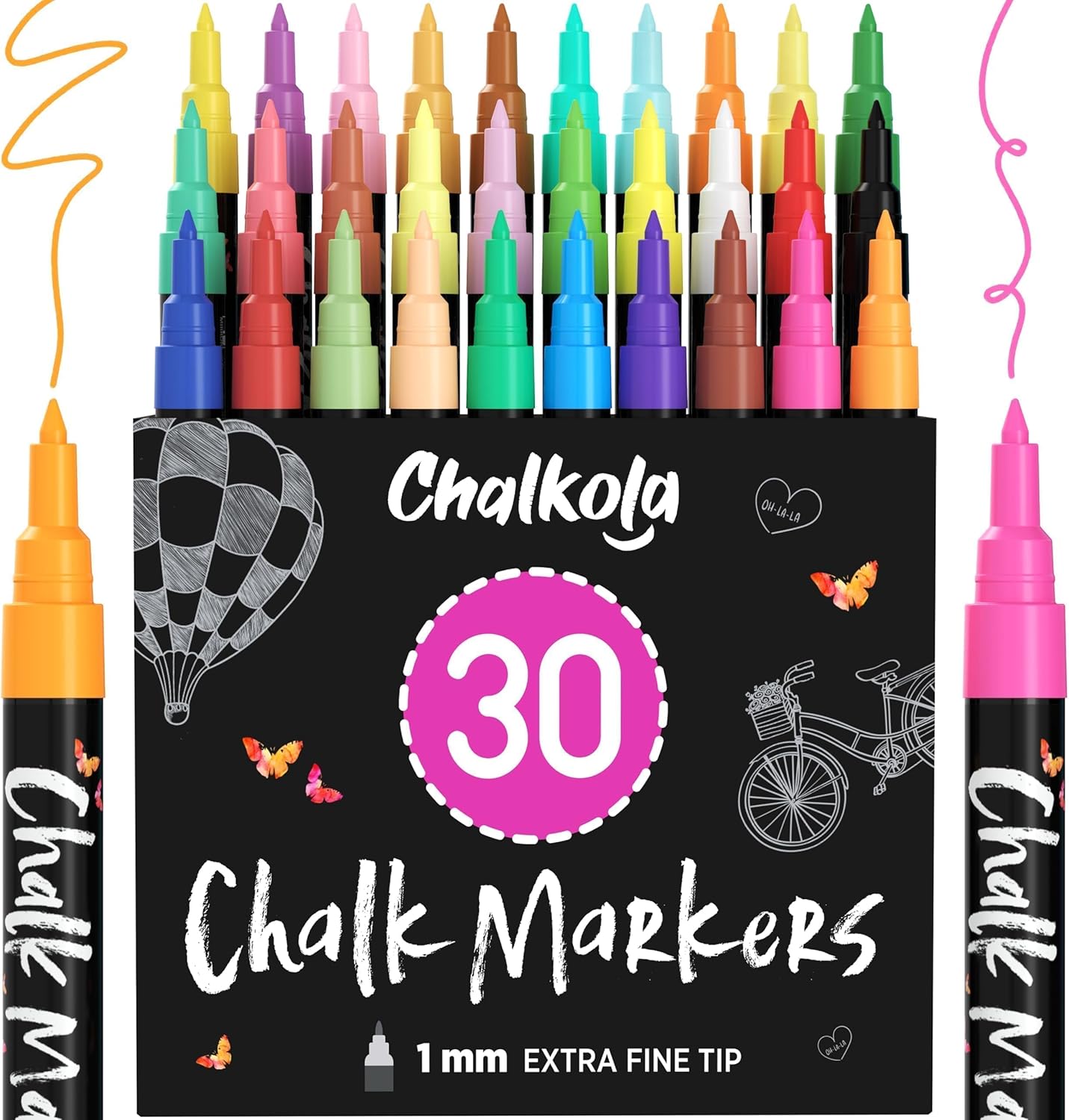 Extra Fine Tip Liquid Chalk Markers for Blackboard (30 Pack 1mm) Pastel + Neon Chalk Pens - Erasable Dry Erase Marker for Chalkboard, Blackboards, Window, Bistro, Car - Fine Tip Chalkboard Markers