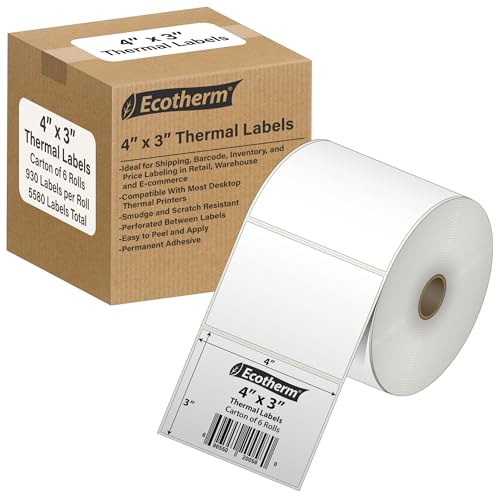 4" x 3" Thermal Labels | 6 Rolls | 5580 Labels | fits Zebra, Munbyn, Rollo, Godex, Arkscan, iDPRT, Offnova Thermal Label Printers and More | Blank White Adhesive Stickers by Ecotherm