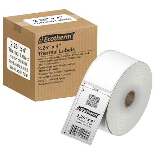 2.25" x 4" Thermal Labels | 6 Rolls | 4200 Labels | fits Zebra, Munbyn, Rollo, Godex, Arkscan, iDPRT, Offnova Thermal Label Printers and More | Blank White Adhesive Stickers by Ecotherm