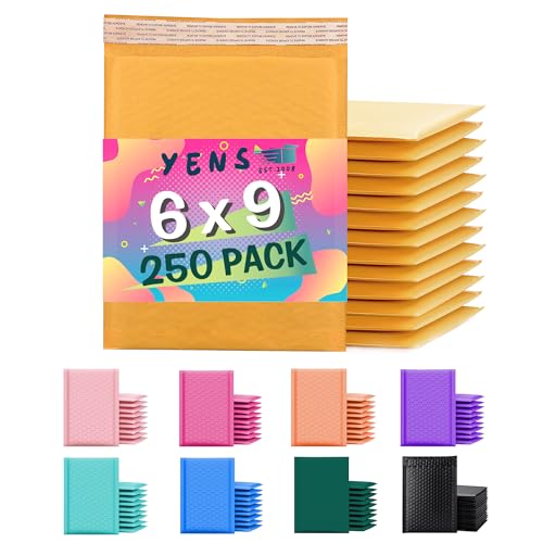 Yens Kraft Bubble Mailers 6x10 inch 250 pack Seal Adhesive Shipping Bags, Cushioning Padded Envelopes for Shipping, Mailing, Packaging Usable Space 6x9