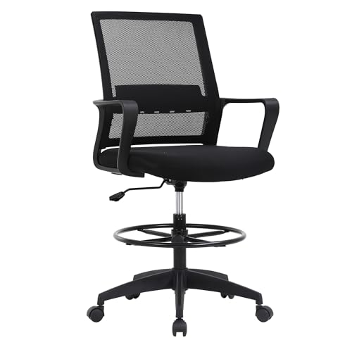 Drafting Chair Tall Office Chair Adjustable Swivel Rolling Mesh Height with Lumbar Support Arms Footrest Mid Back for Adults Standing Desk Drafting Stool (Black)