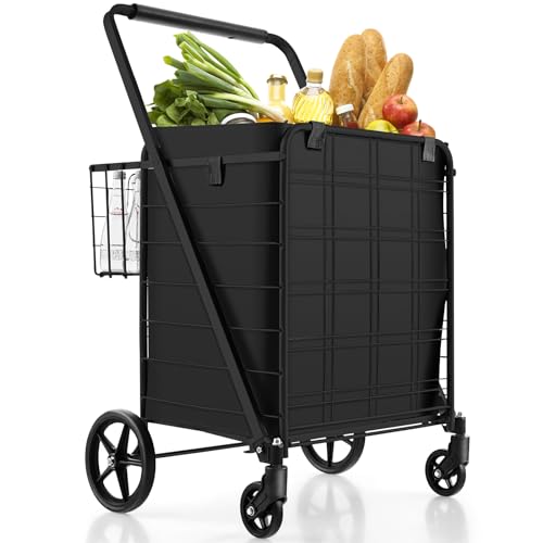 Goplus Jumbo Folding Shopping Cart with Rolling Swivel Wheels, Foldable Grocery Cart on Wheels with Double Basket, Heavy Duty Utility Cart, Shopping Carts for Groceries Laundry Book Luggage Travel