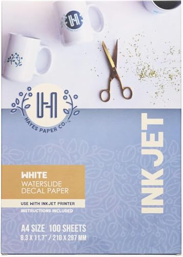 Hayes Paper, Waterslide Decal Paper INKJET WHITE 100 Sheets Premium Water-Slide Transfer Paper, Bright White, A4 Size, 8.25 x 11.7 Inch