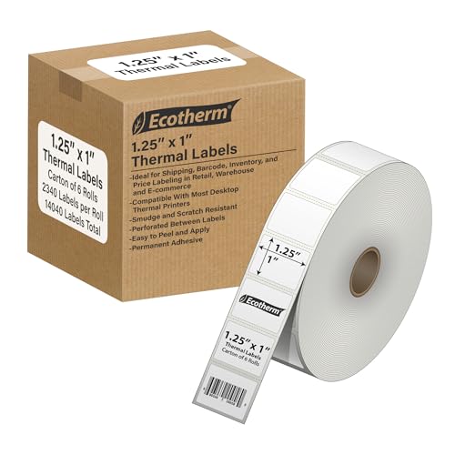1.25" x 1" Thermal Labels | 6 Rolls | 14040 Labels | fits Zebra, Godex, Arkscan, iDPRT, Offnova Thermal Label Printers and More | Blank White Adhesive Stickers by Ecotherm