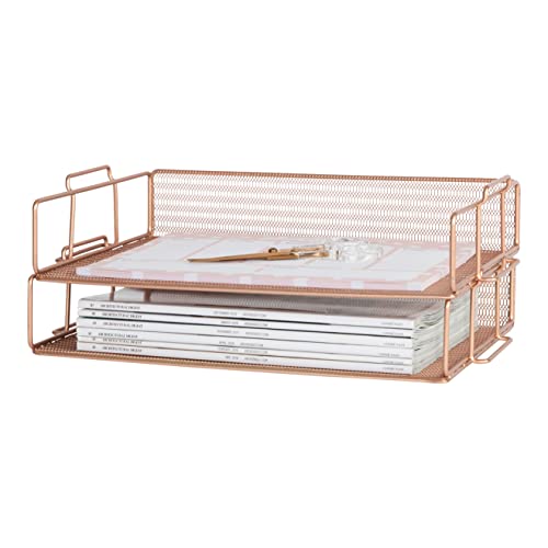 Blu Monaco Gold Desk Organizer Letter Tray 2 Tier - Metal mesh Inbox Paper File Tray Office Supplies Stackable - Office Organization