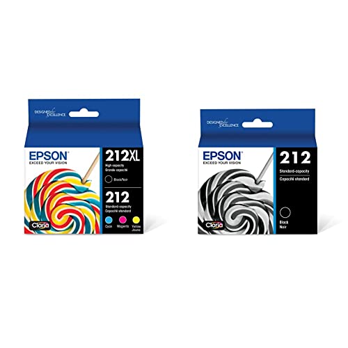 Epson 212XL, Standard-Capacity Color and High-Capacity Black Ink Cartridges, (CMYK) 4-Pack & T212 Claria Standard Capacity Cartridge Ink - Black, T212120-S