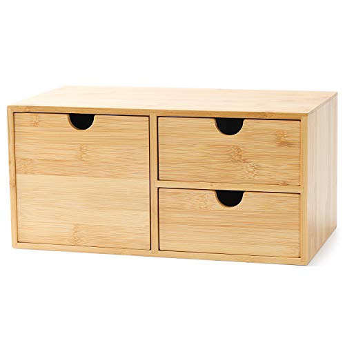 Wisuce Bamboo Desk Organizer - Mini Desktop Drawer Tabletop Storage Organization Box for Office Home Toiletries Supplies, No Assembly Required (3 Drawer with big drawer)
