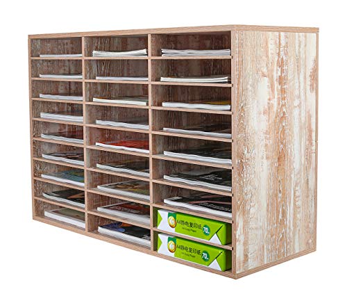 PAG Mail Sorter, Wood Literature Organizer, Student Mailbox for Classroom, Desktop Bill Paper Organizer for Office Home School, 27 Compartments, Retro White