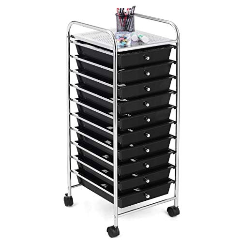 RELAX4LIFE 10 Drawer Rolling Cart, Slim Storage Cart w/Lockable Wheels for Classroom School Teacher Office, Art Supplies Paper Scrapbook Craft Organizers, Utility Cart with Drawers (Black)