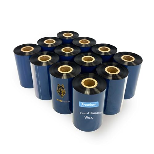 12 Rolls Wolfbarco 4.33" x 984' (110mm x 300m) Black Premium Resin-Enhanced Wax Thermal Transfer Ribbon Compatible with Zebra,TEC, INTERMEC,Citizen,TSC,GODEX,ARGOX Printers