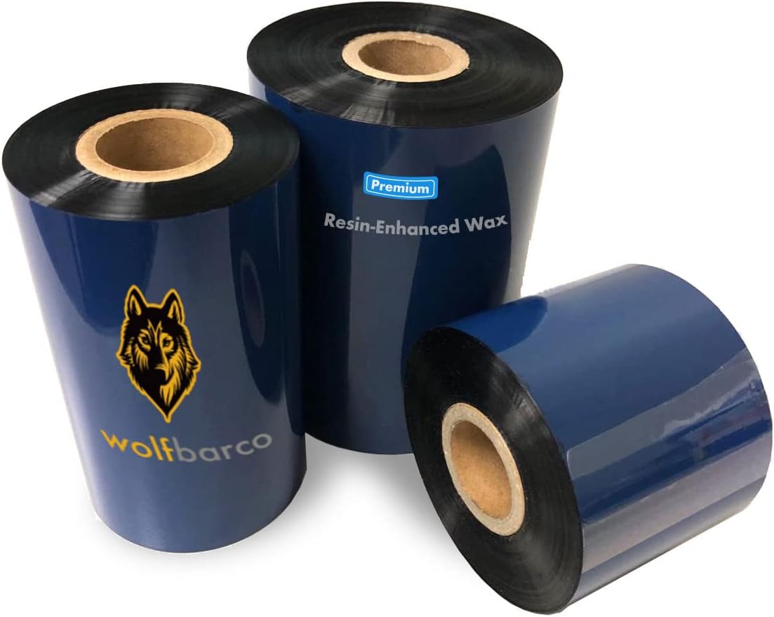 24 Rolls Wolfbarco 4.33" x 1476' (110mm x 450m) Black Premium Resin-Enhanced Wax Thermal Transfer Ribbon Compatible with Zebra,TEC, INTERMEC,Citizen,TSC,GODEX,ARGOX Printers