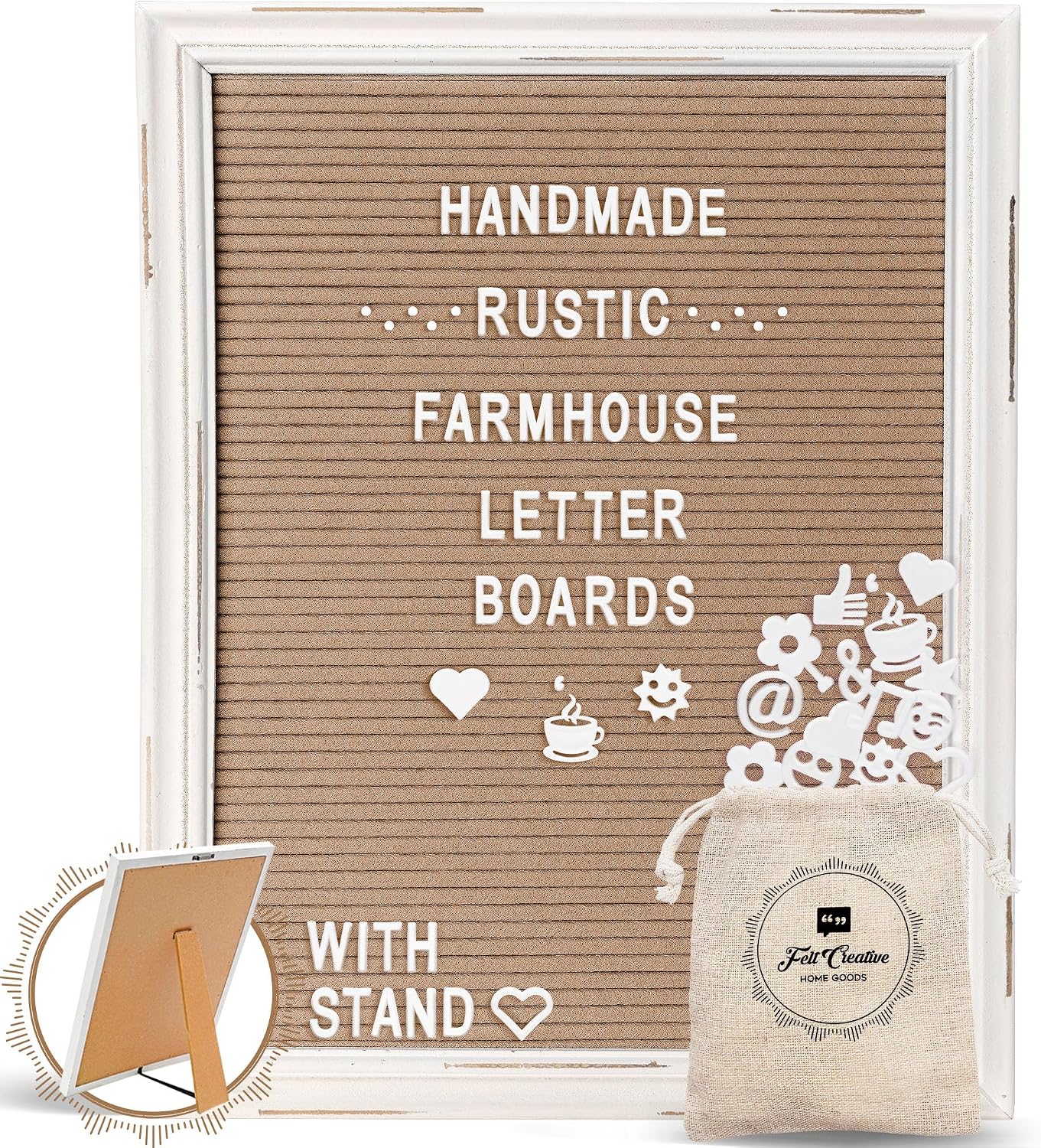 Cappuccino Felt Letter Board Back to School Sign with Rustic Wood White Frame - Farmhouse Letter Board Sign with Stand - Baby Announcement 12x16 Felt Board Changeable Message Board with 350 Letter Set