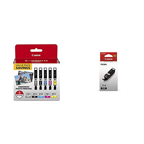 Canon CLI-251 5 Color Ink Value Pack PGI-250 Black Ink Tank Compatible Printers (MG5620, MG6620)
