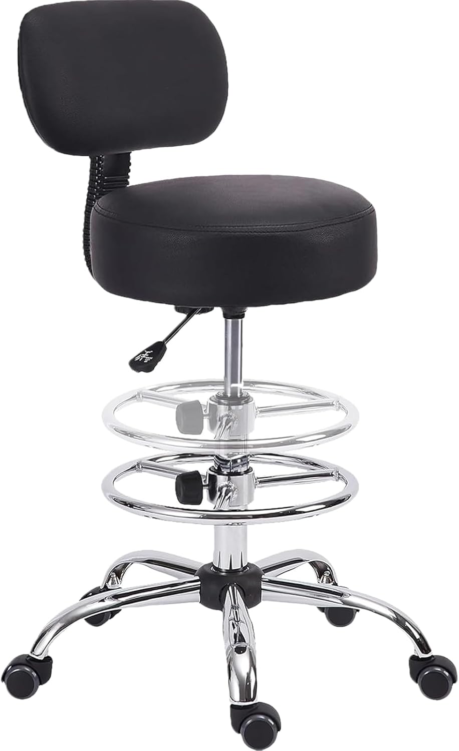 Drafting Chair with Backrest, Adjustable Foot Rest Height Rolling Stool with Wheels, Leather Swivel Work Shop Office Stools Chairs, Thick Seat Cushion Tall Kitchen Home Bar Stool - Black