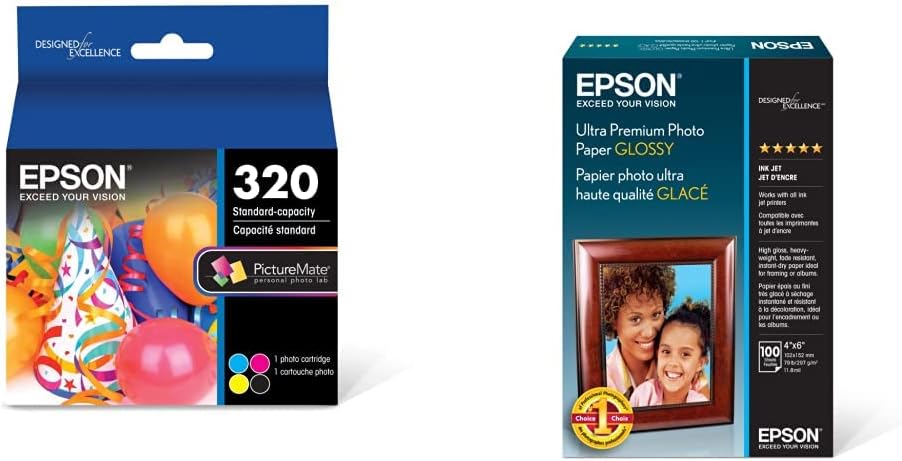 Epson T320 PictureMate Color Cartridge Ink & Ultra Premium Photo Paper Glossy - S042174, 4" x 6" (100 Sheets),White