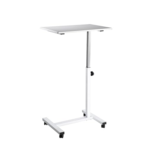 Seville Classics Solid-Top Height Adjustable Mobile Laptop Computer Desk Cart Ergonomic Home Office Stand Rolling Table, Overbed (23.6"), White