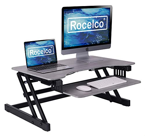 Rocelco 32" Height Adjustable Standing Desk Converter - Quick Sit Stand Up Dual Monitor Riser - Gas Spring Assist Tabletop Computer Workstation - Grey (R ADRG)