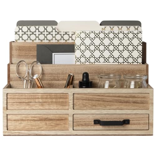 BLU MONACO Natural Wood Mail Organizer with Drawer & Pen Holder  Desk Organizer for Bills, Storage, Countertop & Kitchen