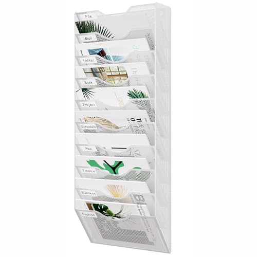 EasyPAG 10 Pocket Mesh Hanging Wall File Organizer, Easily File Managment and Classification, Space Saving Wall Mount Filing Holder for Office Home Classroom, White