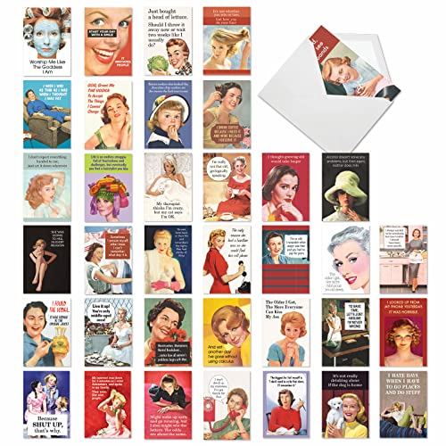NobleWorks - 36 Assorted Funny Birthday Cards Bulk Box Set Envelopes, Mixed Vintage Retro Adult Naughty Humor Women Greetings (36 Designs, 1 Each) - Ephemera Femme Festival AC9377BDG-B1x36