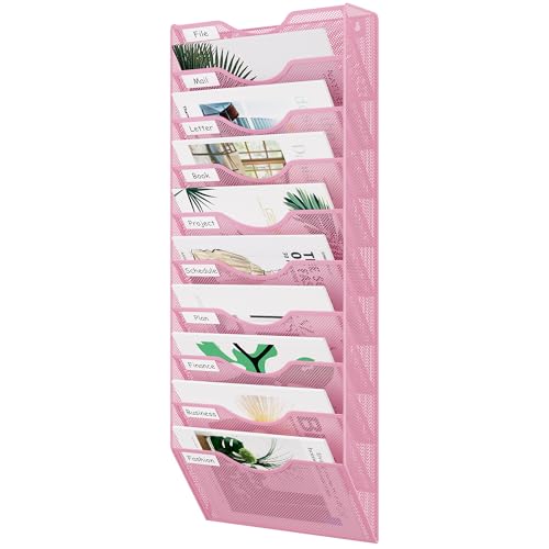 EasyPAG 10 Pocket Mesh Hanging Wall File Organizer with Key Holder, Easily File Managment and Classification, Space Saving Wall Mount Filing Holder for Office Home Classroom, White