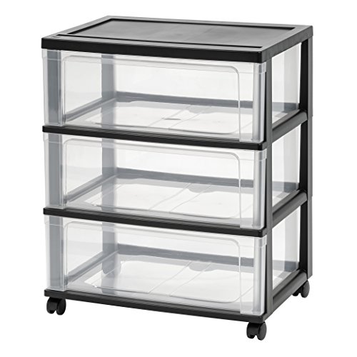 IRIS USA Plastic Drawer Storage Organizer Rolling Cart, with Wheels Casters, 3-Drawers, for Art Craft Supplies Bathroom Dorm Bedroom Laundry Room, Wide, Black