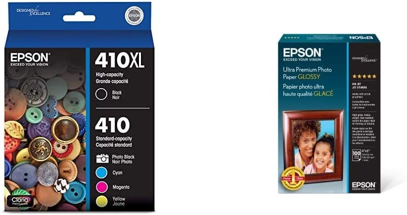 Epson T410XL-BCS Claria Premium Black High Capacity and Photo Black and Color Combo Pack Standard Capacity Cartridge Ink & Ultra Premium Photo Paper Glossy - S042174, 4" x 6" (100 Sheets),White