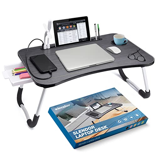 Slendor Lap Desk with Tablet Slot, Foldable Laptop Table with Storage Drawer for Bed, Portable Bed Desk for Laptop, Computer Tray with Cup Holder Notebook Stand Reading Holder for Couch Floor, Black