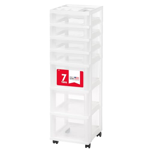 IRIS USA Plastic Drawer Storage Organizer Rolling Cart, with Wheels Casters, 7-Drawers, for Art Craft Supplies Bathroom Dorm Bedroom Laundry Room, White/Clear