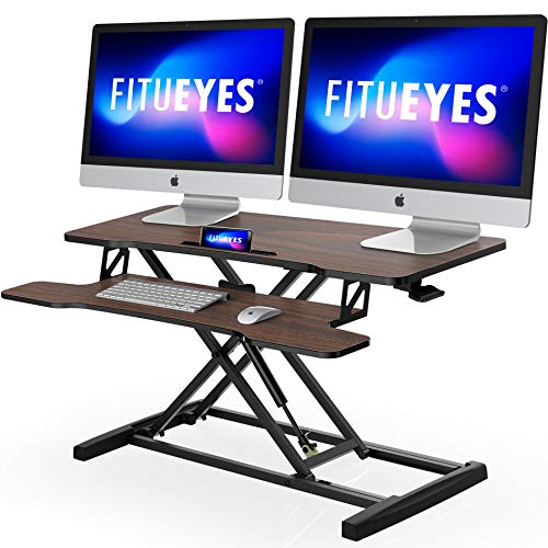 FITUEYES Height Adjustable Standing Desk 36 Wide Sit to Stand Converter Stand Up Desk Tabletop Workstation for Dual Monitor Riser FSD309102WE