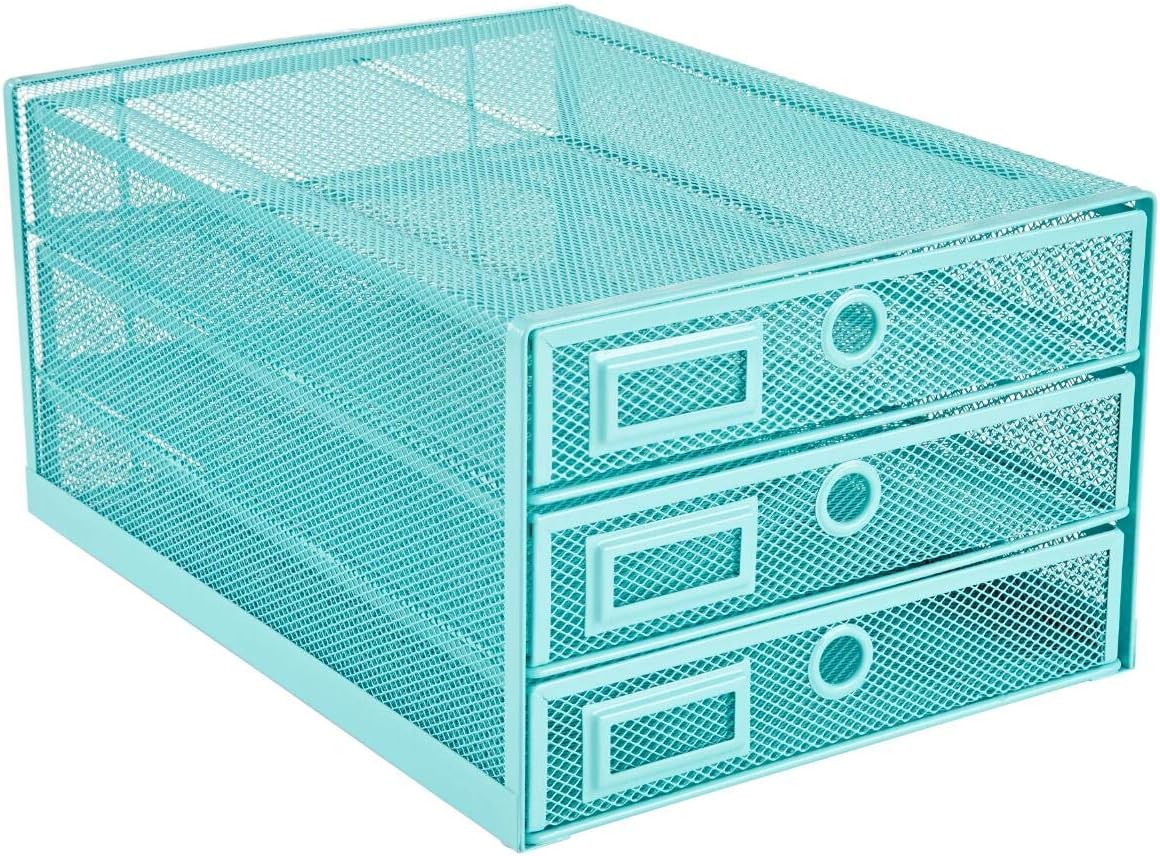 Annova Desk Organizer Wire Mesh 3 Tier Sliding Drawers Paper Sorter/Multifunctional/Premium Solid Construction for Letters, Documents, Mail, Files, Paper, Kids' Art Supplies (Turquoise)
