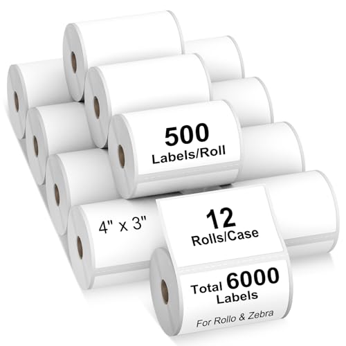 AveneMark 12 Rolls 4" x 3" Direct Thermal Labels for Barcodes Postage Address Shipping Compatible with Rollo & Zebra Desktop Printers Adhesive - 500 Labels/Roll