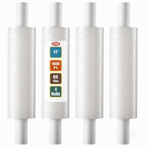 Stretch Wrap with Handle Industrial Strength 4 Pack 11" x 1000 Ft 60 Gauge Thick (15 Micron) Shrink Wrap Roll for Moving Supplies, Furniture, Pallets, Plastic Wrap for Packing, Heavy Duty Stretch Film