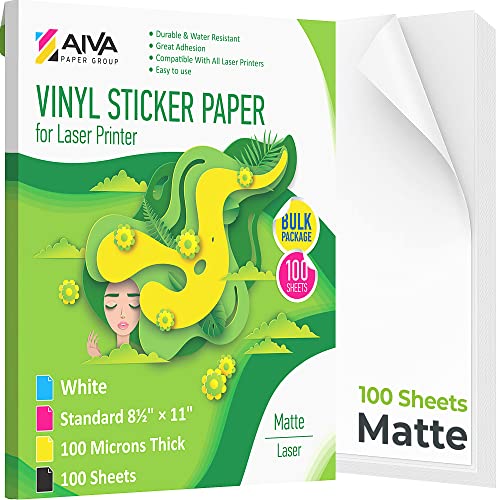 Printable Vinyl Sticker Paper for Laser Printer - Matte White - 100 Self-Adhesive Sheets - Waterproof Decal Paper - Standard Letter Size 8.5"x11"