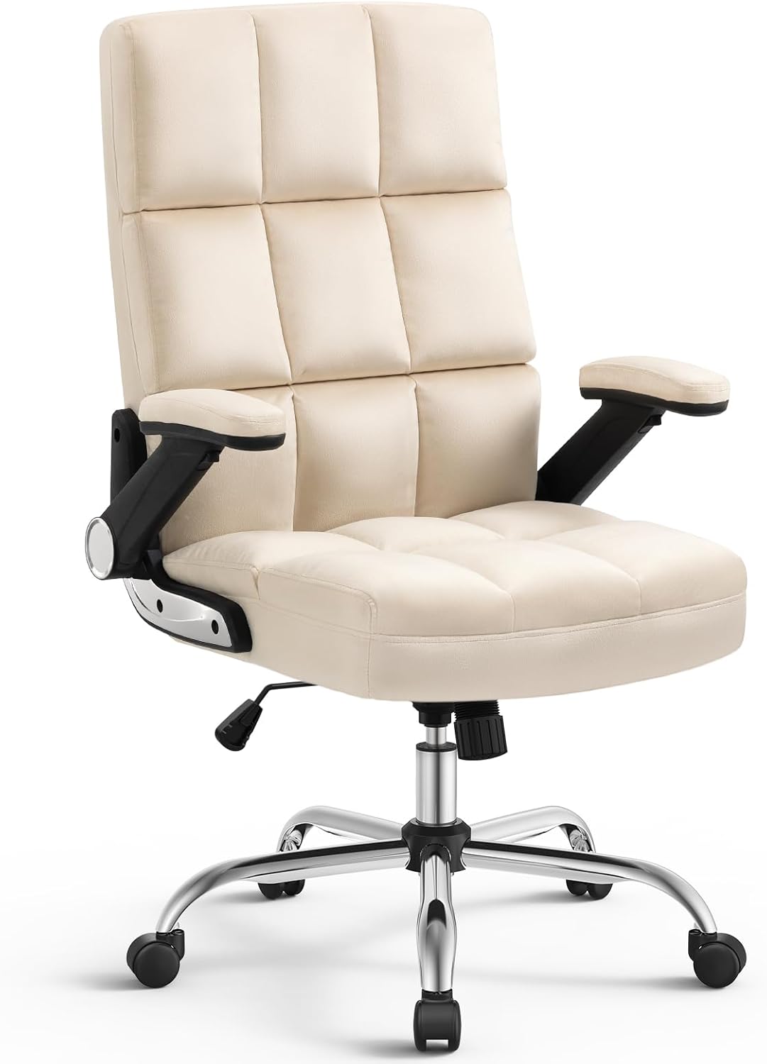 SEATZONE High Back Fabric Home Office Chair with Swivel, Executive Computer Desk Adjustable Tilt and Flip-up Armrest, Comfy Thick Padding Ergonomic Beige