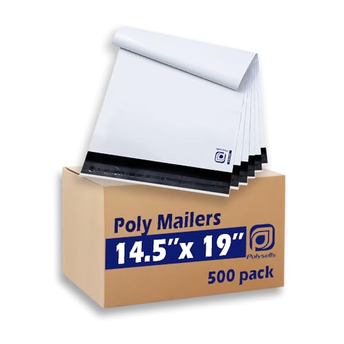 POLYSELLS 500 pcs 14.5x19 Inches White Poly Mailers Shipping Envelopes, Strong Adhesive Sealing, Waterproof, and Tear-resistant Postal Mailing Bags for Clothing, Books, and Accessories