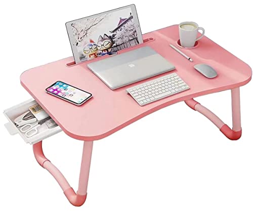 Laptop Desk Foldable Bed Table, Portable Lap Desk Laptop Bed Tray Table with Storage Drawer and Cup Holder, Lap TraysTables Notebook Stand Reading Desks Breakfast Tray for Beds Couch Sofa Floor  Pink