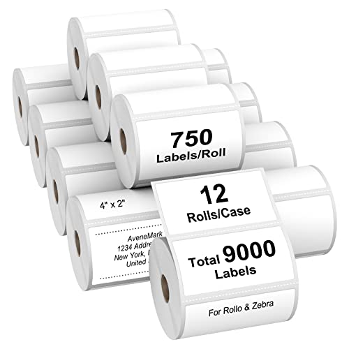 AveneMark 12 Rolls 4" x 2" Direct Thermal Labels for Barcodes Postage Address Shipping Labels Compatible with Rollo & Zebra Desktop Printers Adhesive - 750 Labels/Roll