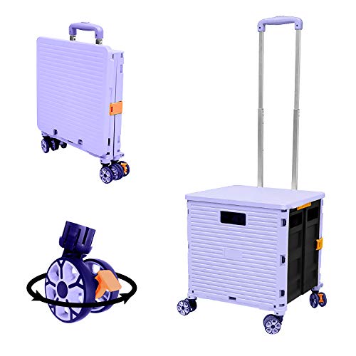 FELICON SELORSS Foldable Utility Cart Folding Portable Rolling Crate Handcart with Durable Heavy Duty Plastic Telescoping Handle Collapsible 4 Rotate Wheels for Travel Shop Move Luggage Office(Purple