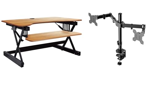 Rocelco 40" Large Height Adjustable Standing Desk Converter with Dual Monitor Mount BUNDLE - Sit Stand Up Computer Workstation Riser - Retractable Keyboard Tray - Teak Wood Grain (R DADRT-40-DM2)