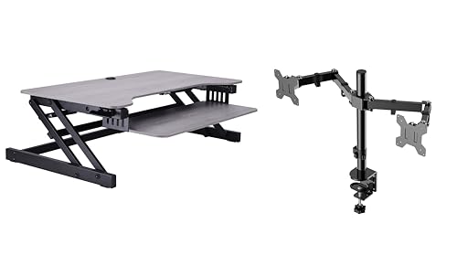 Rocelco 37.5" Height Adjustable Standing Desk Converter with Dual Monitor Mount and Slide Out Retractable Keyboard Tray - Sit Stand Up Double Screen Tabletop Riser Workstation - Gray (R DADRG-DM2)