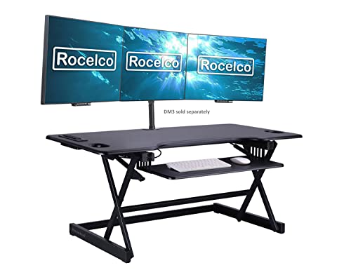 Rocelco 46" Height Adjustable Standing Desk Converter - Desktop AC USB Charger - Sit Stand Up Triple Monitor Riser - Tall Computer Workstation - Retractable Keyboard Tray - Black (R DADRB-46-ACUSB)