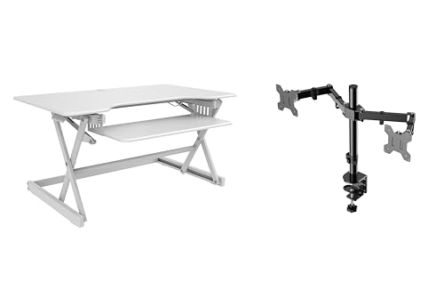 Rocelco 40" Large Height Adjustable Standing Desk Converter with Dual Monitor Mount BUNDLE - Quick Sit Stand Up Computer Workstation Riser - Retractable Keyboard Tray - White (R DADRW-40-DM2)