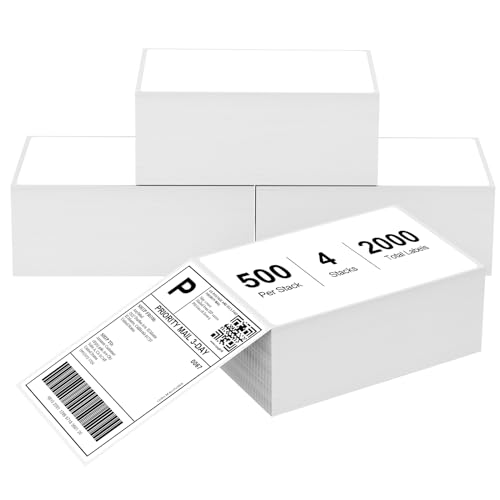 4" x 6" Fanfold Direct Thermal Labels for White Mailing Address Postage Shipping Commercial Grade Compatible with Zebra & Rollo & MUNBYN Label Printer (4 Stacks, 2000 Labels)