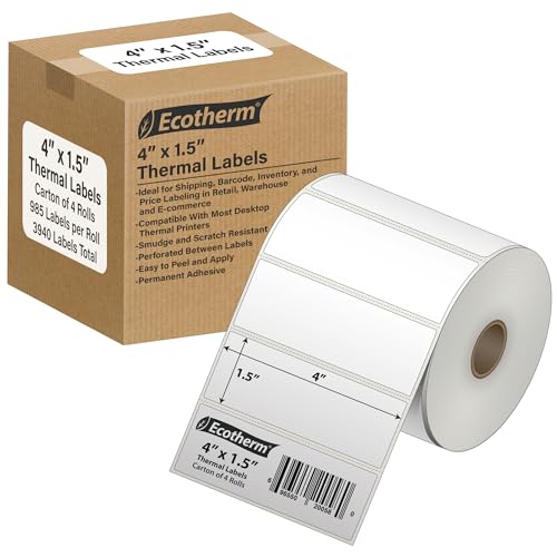 4" x 1.5" Thermal Labels | 4 Rolls | 3940 Labels | fits Zebra, Munbyn, Rollo, Godex, Arkscan, iDPRT, Offnova Thermal Label Printers and More | Blank White Adhesive Stickers by Ecotherm